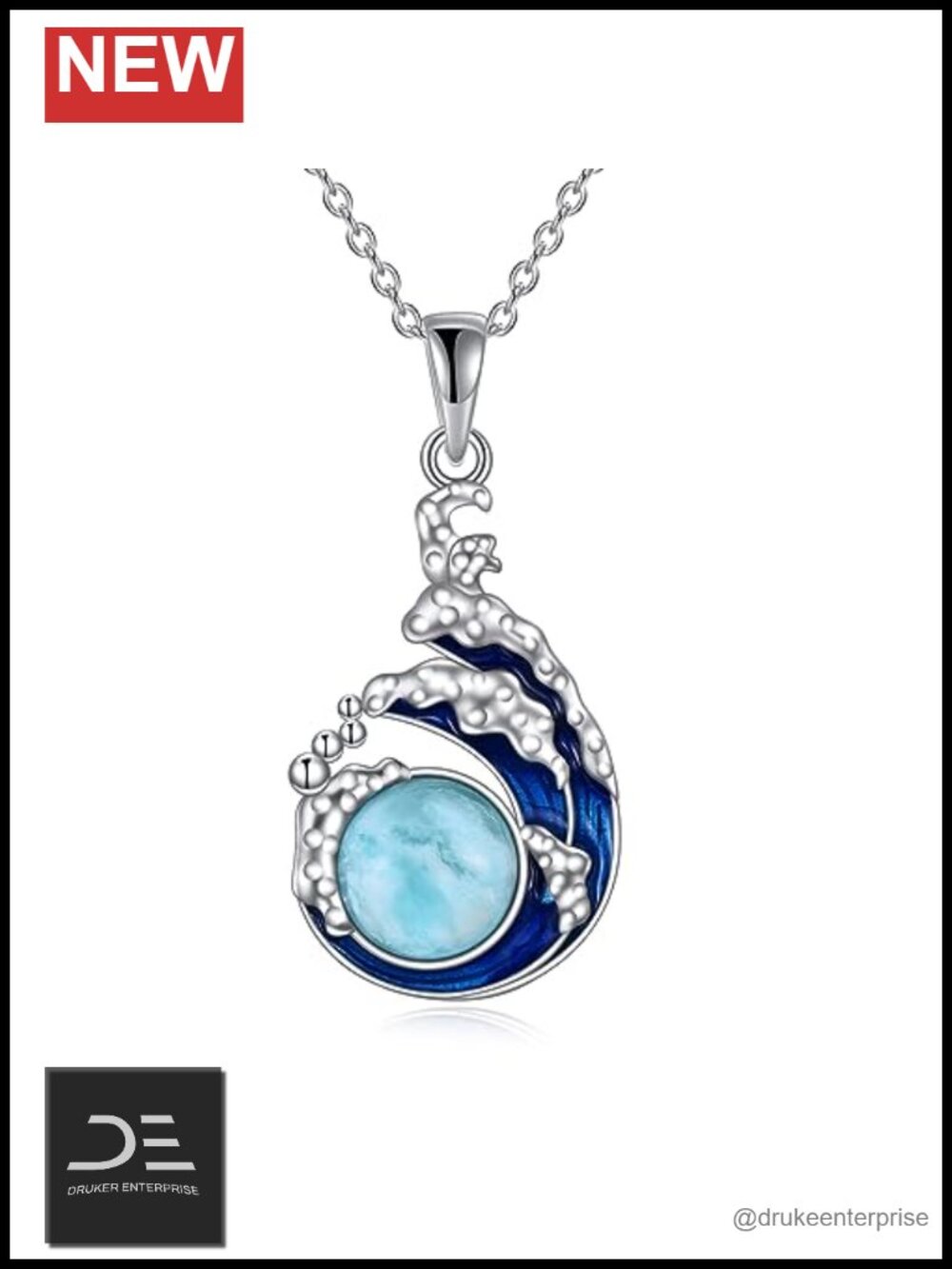 Sterling Silver Larimar Pendant Necklace 925 Wave Charm for Women